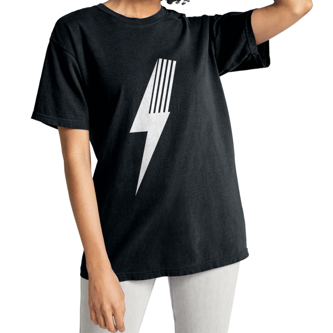 Model wearing black Adult Spark T-shirt with white lightning bolt design.
