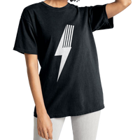 Model wearing black Adult Spark T-shirt with white lightning bolt design.