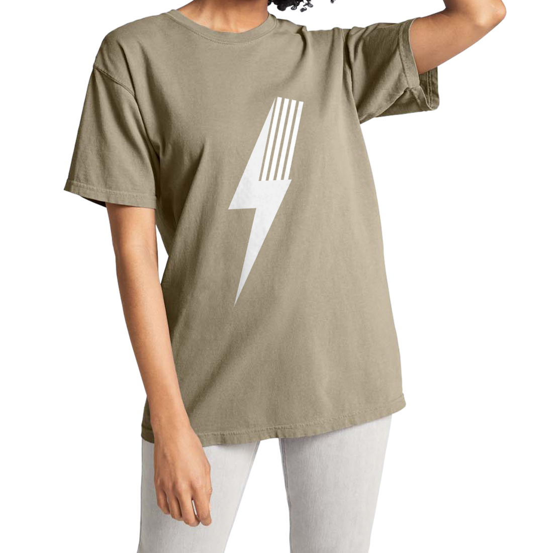 Beige Adult Spark Tee featuring a white lightning bolt design.