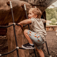 Toddler climbing in Spark Retro Shorts with Ocean Cubs Wear design.