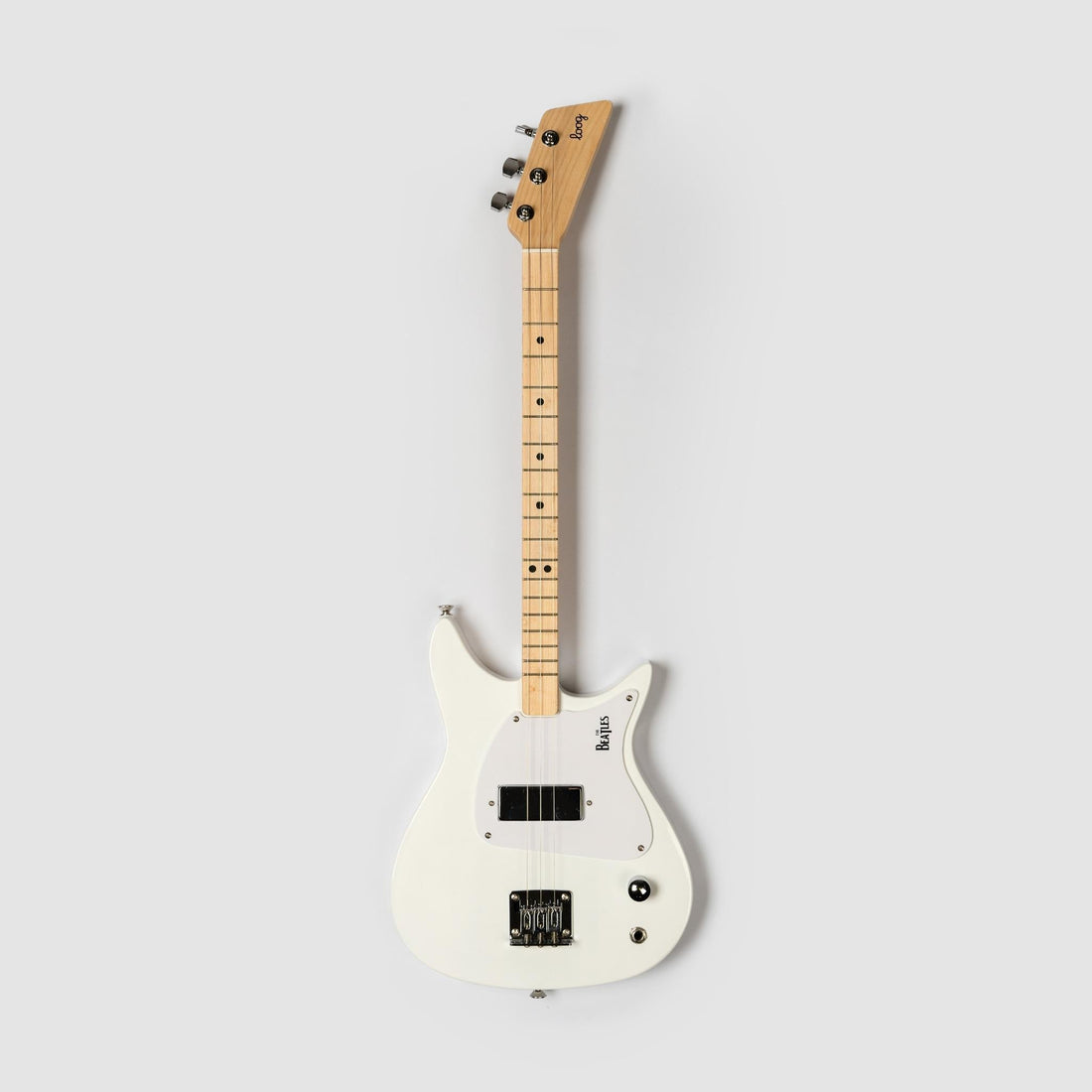 Front view of the white Beatles Loog 3-string electric guitar.