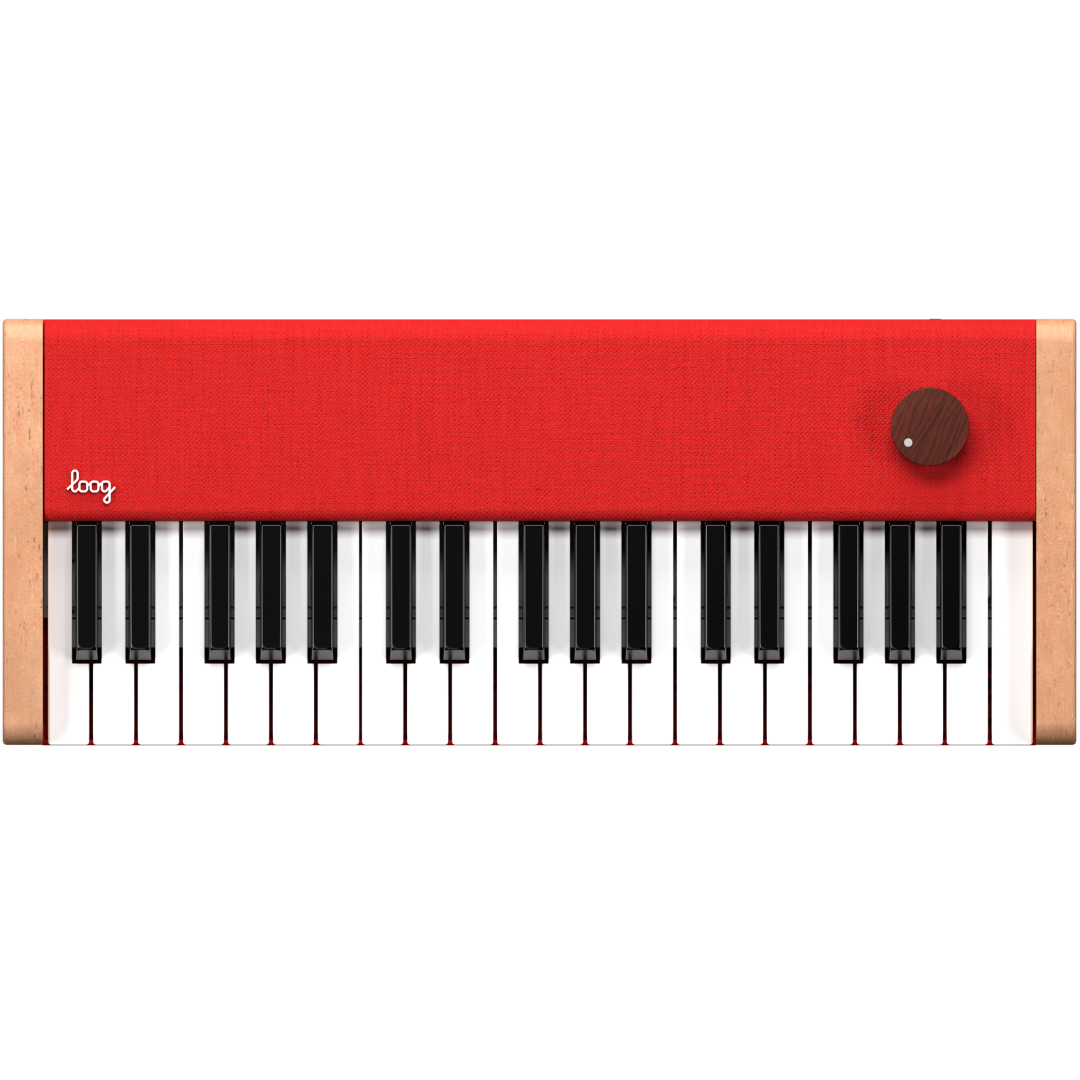Overhead shot of a red Loog portable digital piano.