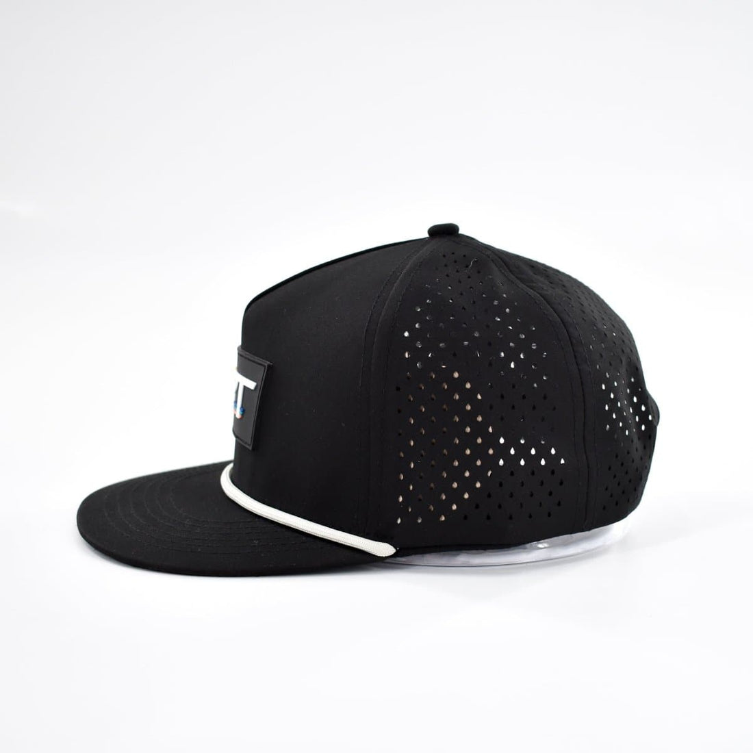 Side view of black Waterproof Age Snapback with laser-cut detail