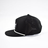 Side view of black Waterproof Age Snapback with laser-cut detail